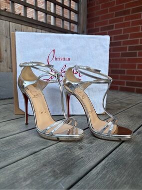Christian Louboutin Silver Metallic Ankle-Strap Stiletto Sandals
